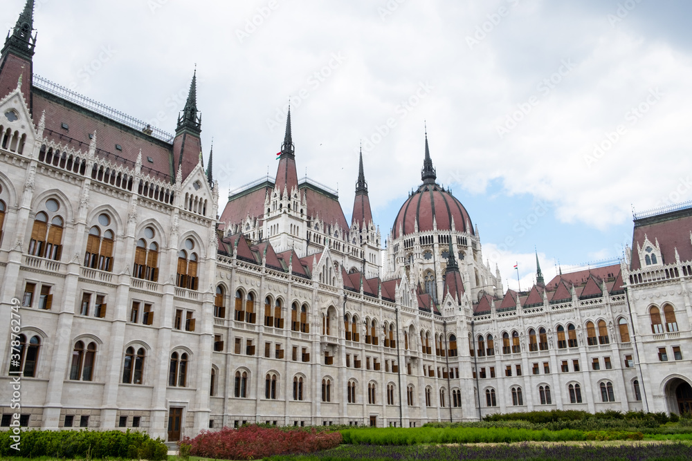 Building exterior of gothic-style building of Hungarian Parliament in Budapest, Hungary