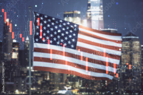 Double exposure of abstract virtual global crisis chart and world map hologram on USA flag and blurry cityscape background. Financial crisis and recession concept