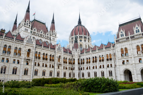 Building exterior of gothic-style building of Hungarian Parliament in Budapest, Hungary