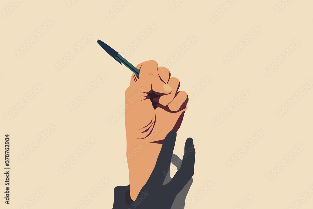 Concept of freedom of speech and information, stop censorship. Hand holding an open pen. It is dragged down by another hand. Vector Illustration with light yellow background - obrazy, fototapety, plakaty 