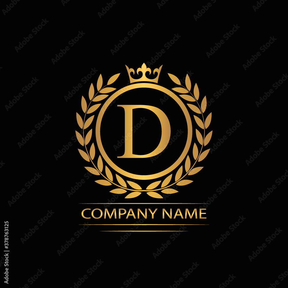 Golden Letter D laurel wreath template logo Luxury gold letter with crown. Monogram alphabet . Beautiful royal initials letter. Golden Letter D laurel wreath template logo Luxury gold letter with crown. Monogram alphabet . Beautiful royal initials letter.