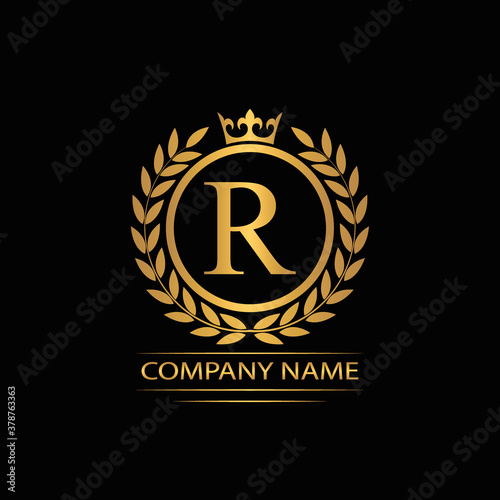 Golden Letter R laurel wreath template logo Luxury gold letter with crown. Monogram alphabet . Beautiful royal initials letter.	