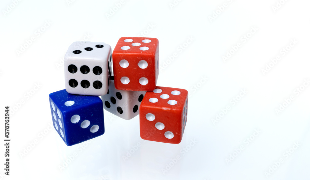 Red, white and blue colored dice isolated on white background Red, white and blue colored dice isolated on white background
