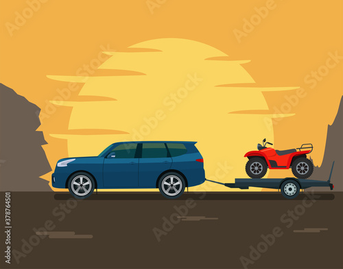 SUV car tows a trailer with a ATV against the backdrop of the setting sun and mountains. Vector flat style illustration.