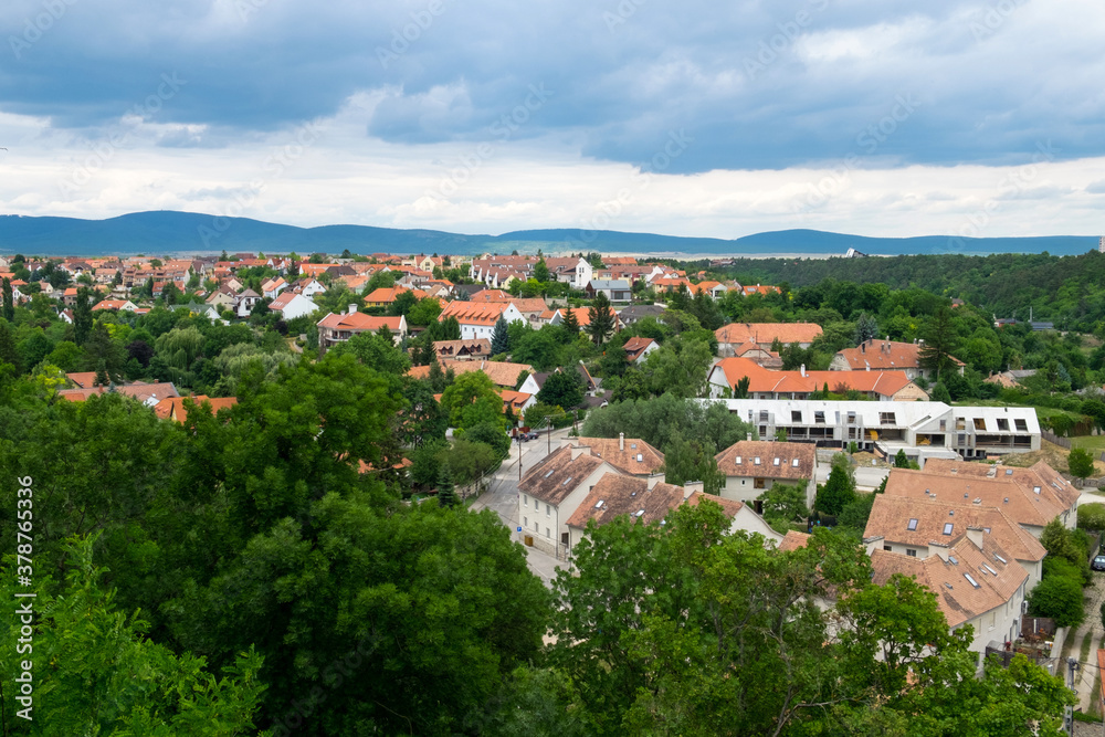 The panoramic cityscape of the historical center of medieval capital city of Hungary, Veszprem, located on the famous tourist Castle hill near the resort Lake Balaton