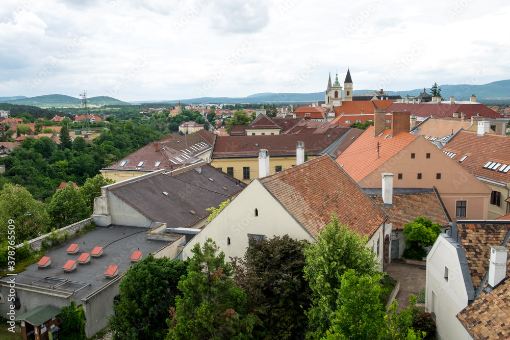 The panoramic cityscape of the historical center of medieval capital city of Hungary, Veszprem, located on the famous tourist Castle hill near the resort Lake Balaton
