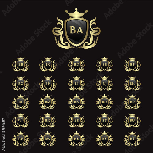 Gold color ba-bz letter design. Letter in a shield with a crown and ribbon icon