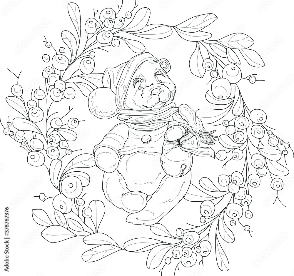 Cartoon Christmas New Year berry wreath teddy bear inside template. Vector illustration in black and white for games, background, pattern, decor. Print for fabrics and other surfaces. Coloring paper