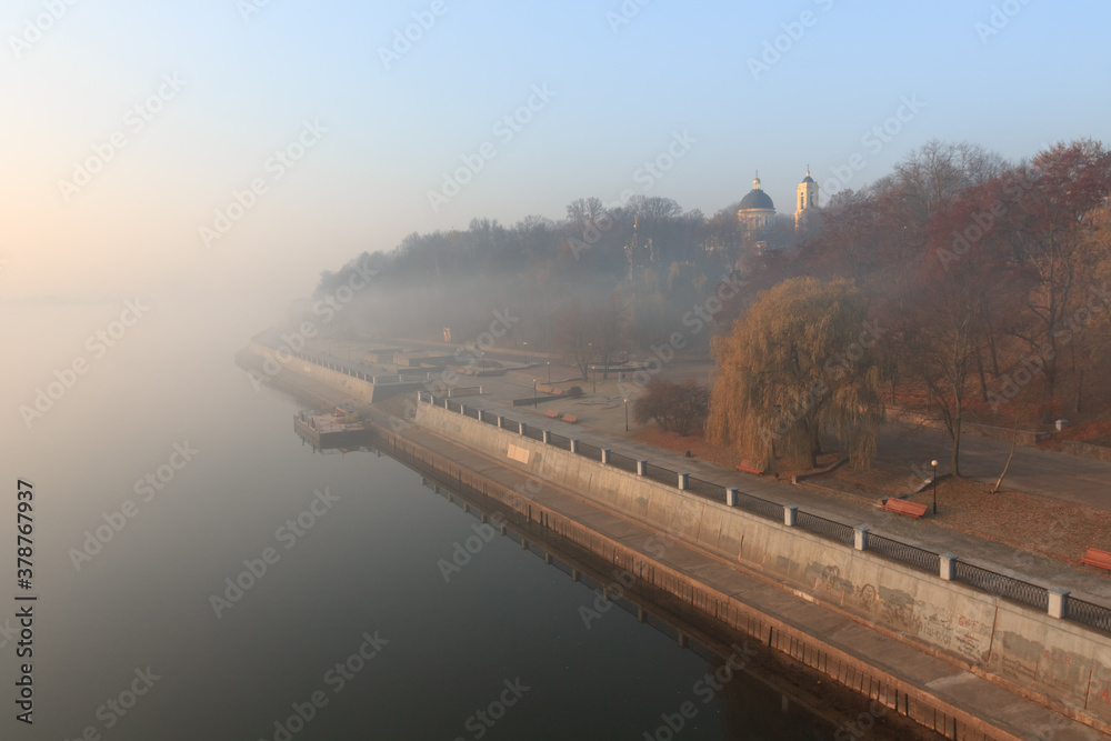 embankment of the city in autumn view of the Gomel River Belarus.