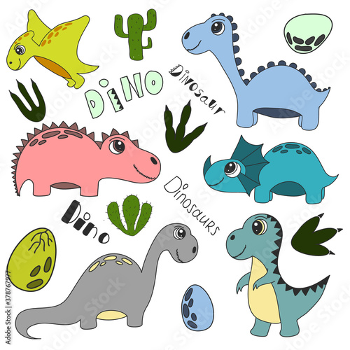 Set of cute dinosaur print. vector illustration. Doodle style dinosaurs  cartoon kind characters. Isolated on a white background.