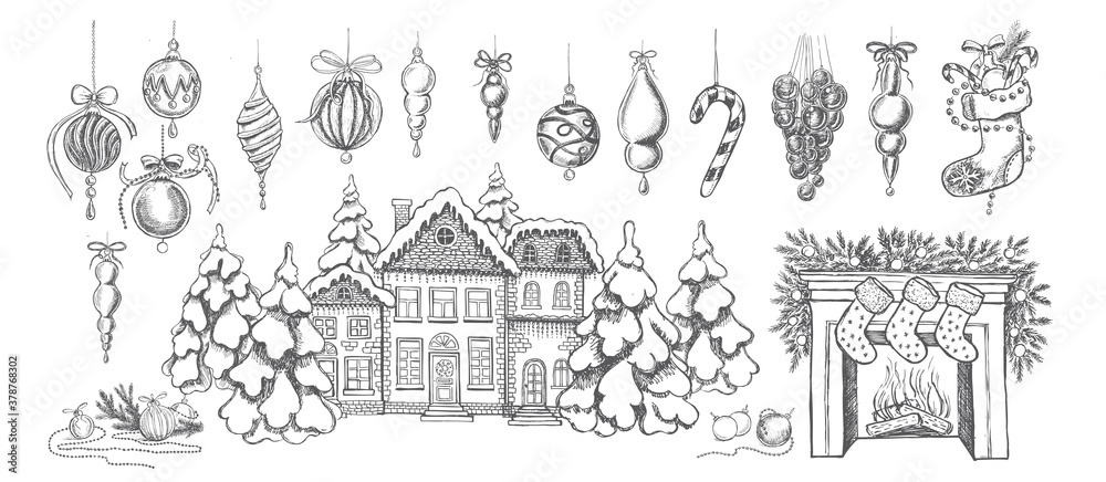 Christmas pattern in sketch style. Hand drawn illustration.	
