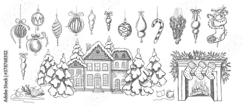 Christmas pattern in sketch style. Hand drawn illustration. 