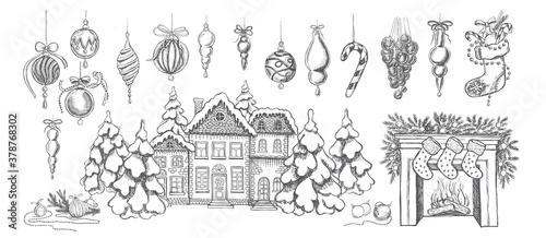 Christmas pattern in sketch style. Hand drawn illustration.	