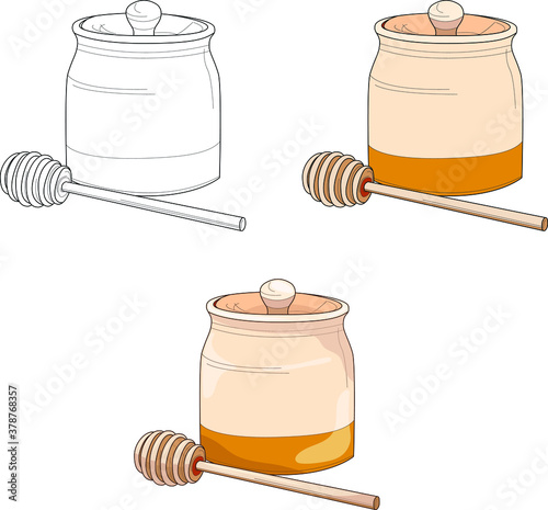 Honey pot in wood and gold. Vector illustration for games, background, pattern, decor. Print for fabrics and other surfaces. Coloring paper, page, book