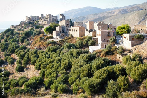 Stone towers at the medieval village of Vathia in southeastern Laconia, Peloponnese region, Greece.