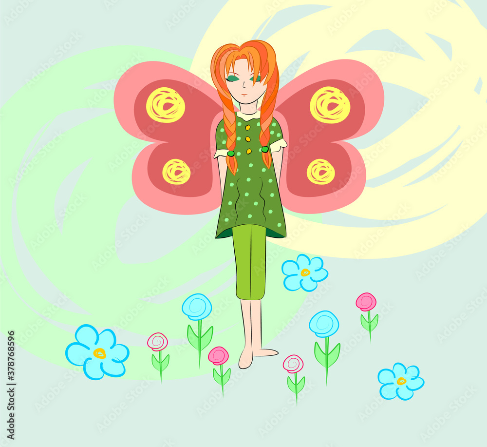 Cartoon fairy girl with flowers on abstract background in pastel colors. Vector illustration for children. Redhead girl with plaits