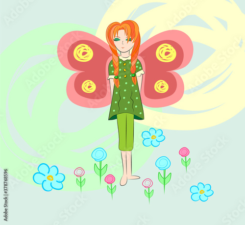 Cartoon fairy girl with flowers on abstract background in pastel colors. Vector illustration for children. Redhead girl with plaits