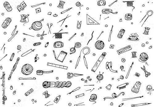 Monochrome doodle on the theme of handmade knitting and crocheting