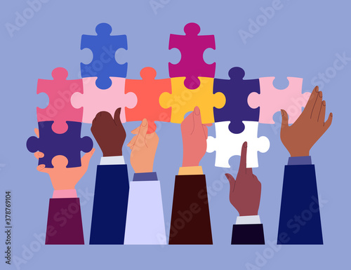 Business team metaphor. The concept of building a business system, solving problems, brainstorming, recruiting, teamwork, collaboration. Vector illustration in flat cartoon style.