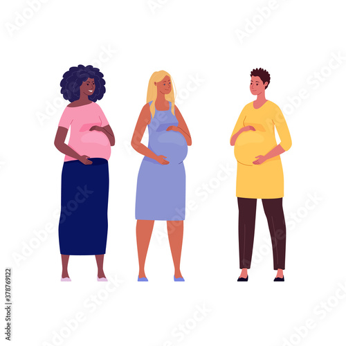 Set of beautiful pregnant women hugging their big bellies. Illustration. Vector in a flat cartoon style.