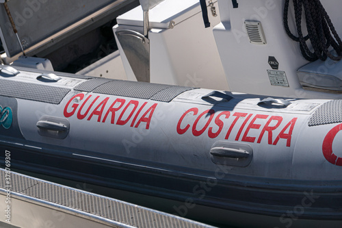 Ponza, Italy - September 3, 2020: Inflatable boat of the Italian Guardia Costiera, Corps of the Port Captaincies, Coast Guard, part of the Italian Navy under the control of Ministry of Infrastructure