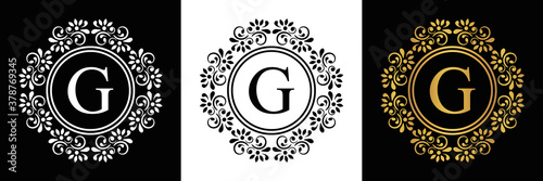  Gold letter  G Vintage set black, white and golden flower ornament initial letters.  Alphabet. Logo vector 