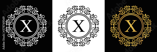  Gold letter  X Vintage set black, white and golden flower ornament initial letters.  Alphabet. Logo vector 