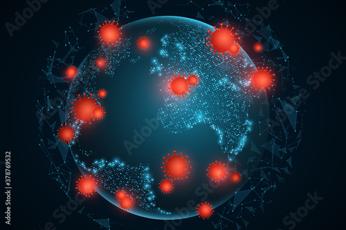 Earth globe in futuristic style with Covid-19 bacteria. Chinese pandemic. Dangerous cellular infection. Plexus triangles. Glowing 3D infected planet for a medical project. Vector illustration