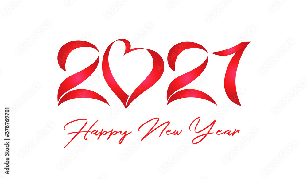 2021 A Happy New Year congrats concept. Horizontal logotype. White backdrop. Abstract isolated graphic design template. Decorative sign, calligraphy, lovely numbers. Creative digits. Xmas decoration.