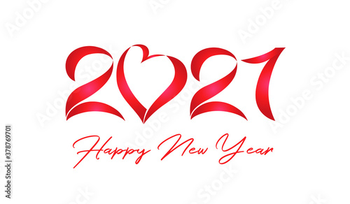2021 A Happy New Year congrats concept. Horizontal logotype. White backdrop. Abstract isolated graphic design template. Decorative sign, calligraphy, lovely numbers. Creative digits. Xmas decoration.