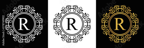  Gold letter  R Vintage set black, white and golden flower ornament initial letters.  Alphabet. Logo vector 