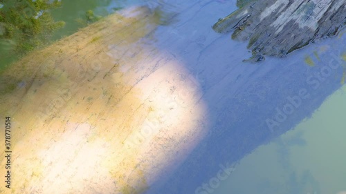 A high angle shot of a reflective lake surface
