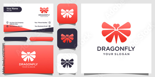 Dragonfly Logo design template and business card design Vector Illustration