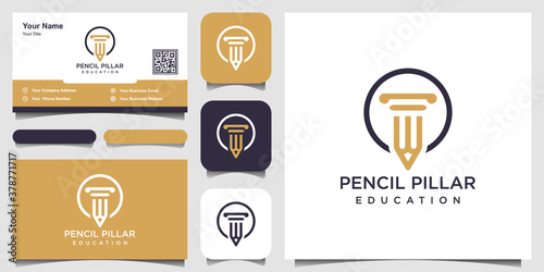 pencil pillar law logo vector icon illustration and business card design