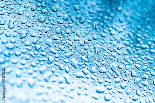 Rain drops on the window. Blue tone on the background. Many water drops on glass.