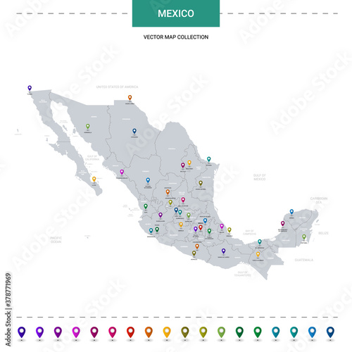 Mexico map with location pointer marks. Infographic vector template, isolated on white background.