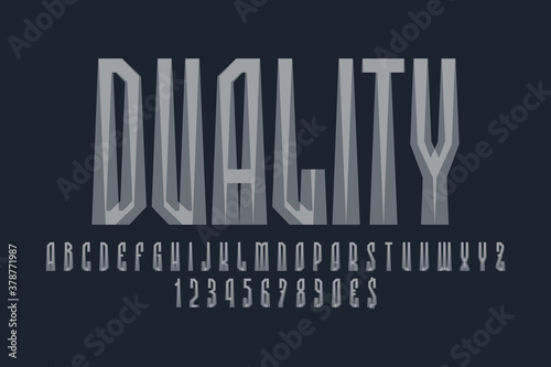 Duality artistic display font. Screen gray letters, numbers and currency signs. Isolated english alphabet. Vector monochrome lettering.
