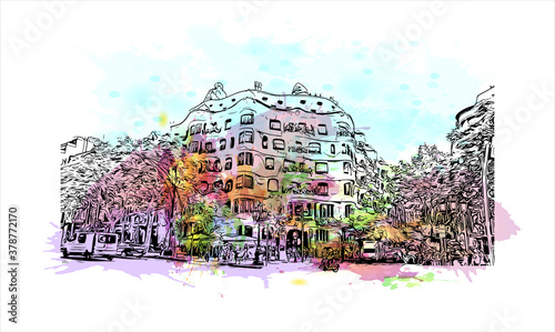 Building view with landmark of Barcelona is a city on the coast of northeastern Spain. Watercolor splash with hand drawn sketch illustration in vector.