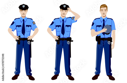 Set of illustrations of security police officer in different positions. Man police cops vector characters.