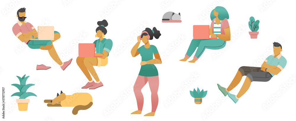 People working with laptop, Flat style cartoon faceless character. Lifestyle, self isolation, pandemic concept. Minimal vector illustration set.