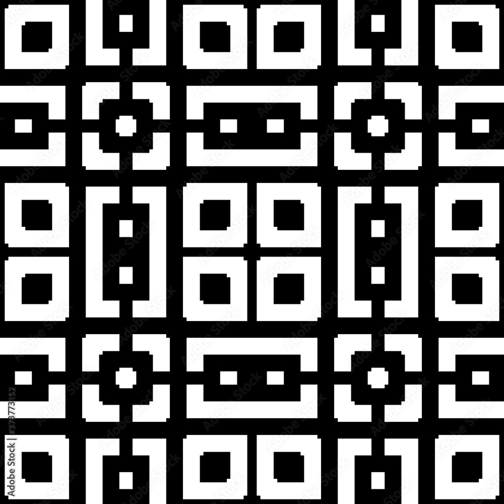 Seamless Chinese window tracery pattern. Repeated stylized black squares and crossed lines on white background. Lattice motif. Symmetric geometric grid wallpaper. Digital paper. Vector illustration