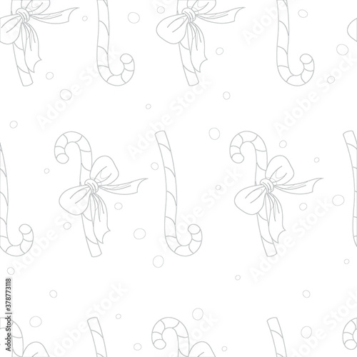 Christmas New Year candy canes with bows and snow seamless pattern. Winter vector illustration in black and white for games, background, pattern, decor. Print for fabrics. Coloring paper, page, book