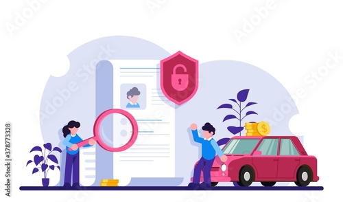 Document checking concept. Characters Make a Deal Agreement. People with a document are standing near the car. Modern flat illustration.