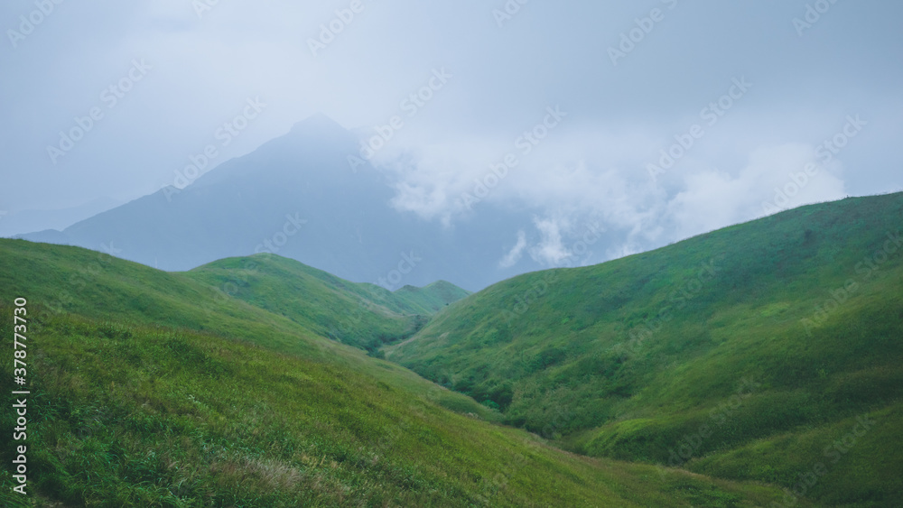 Meadow landscape with mountains covered by clouds on Wugong Mountain in Jiangxi, China Meadow landscape with mountains covered by clouds on Wugong Mountain in Jiangxi, China
