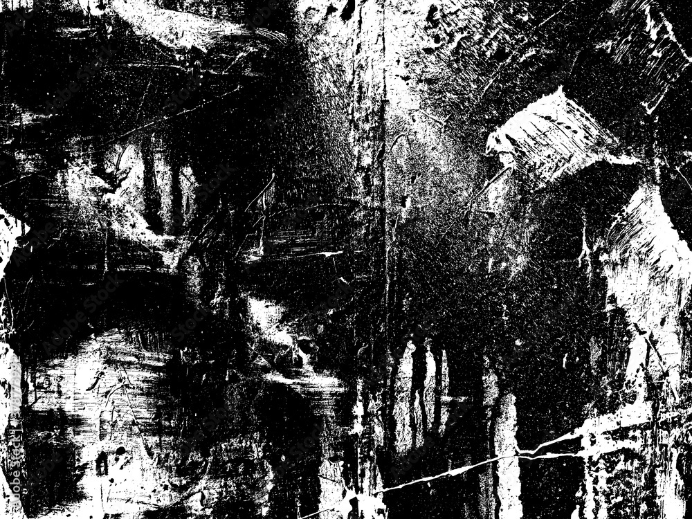 Fototapeta premium Weathered concrete wall. Rustic stone grit texture. Black stains and noise for distressed effect. Old worn vintage overlay. White paint brushed stroke. Monochrome old concrete wall background