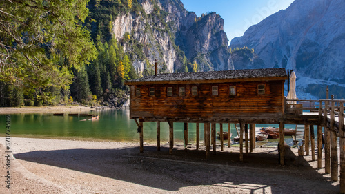 Braies Lake famous landmark at Trentino-Alto-Adige, Italy photo