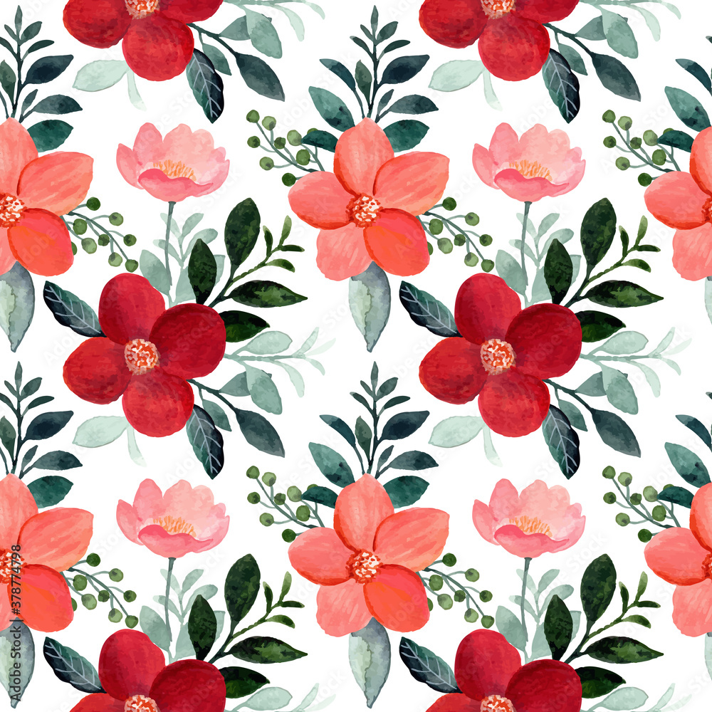 Seamless pattern red flower and green leaves with watercolor