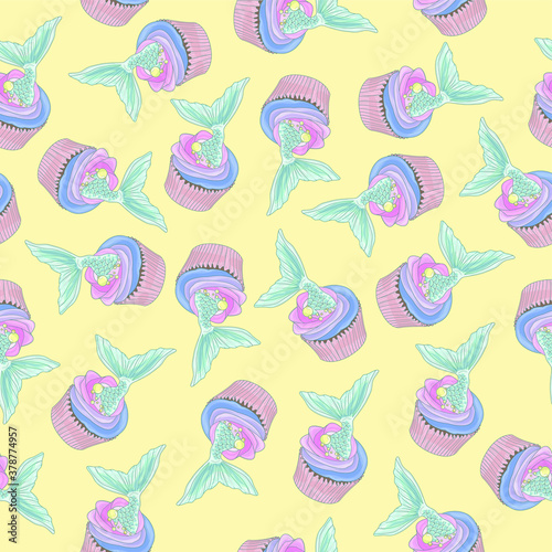 Pastel rainbow cupcackes with mermaid tails on top seamless pattern. Vector illustration on yellow background for games, background, pattern, decor. Print for fabrics and other surfaces. photo