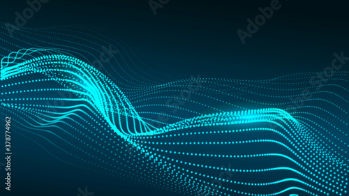 Wave of particles on dark background. Technology backdrop. Pattern for presentations. Vector illustration