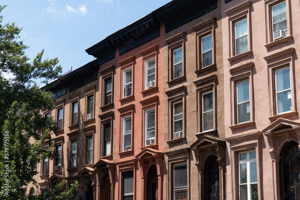 Row of Old Colorful Brownstone Homes in Bedford-Stuyvesant in Brooklyn of New York City